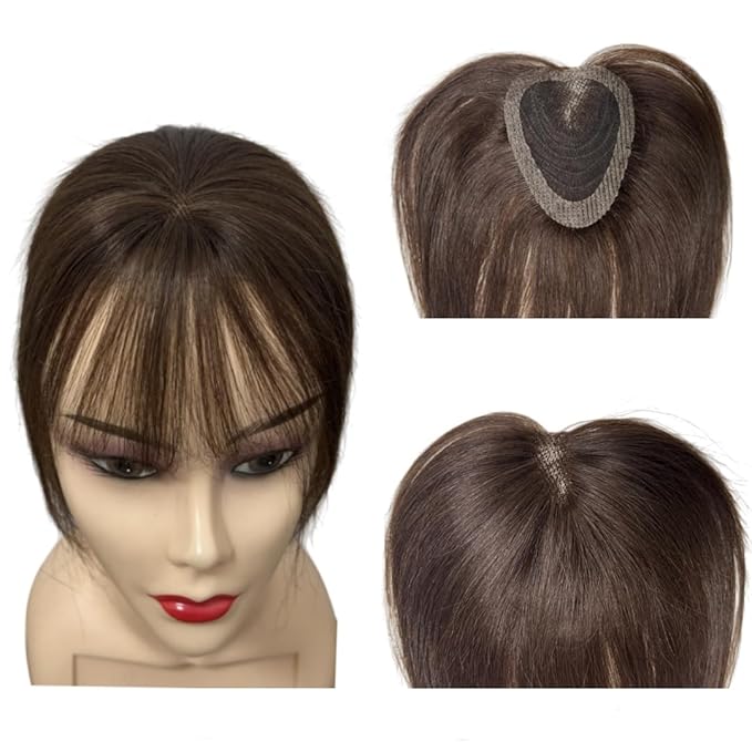 Anemone No Clips Human Hair Topper Piece Fringe Bangs for Women Wrap-Around Magic Paste with Invisible Lace for Natural Hair Loss Coverage (Dark Brown Lace French Bangs)
