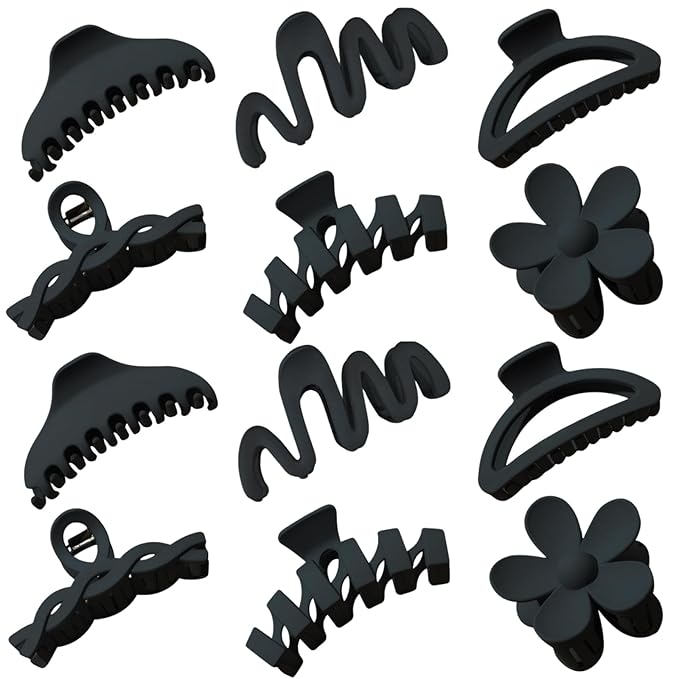 12 Pcs Claw Clips, Multi-Shapes Hair Clips for Women Girls, Non-Slip Large Jaw Claw Clips for Thick Thin Curly Hair Accessories (Black)