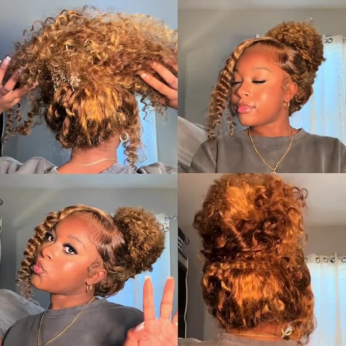 360 Deep Wave Lace Front Wigs Human Hair 220% Density Honey Blonde Drawstring Deep Curly Human Hair wig Ombre 4/27 Highlight Lace Front Wigs Pre Plucked Wet And Wavy Water Wave Wig for Women 26 Inch