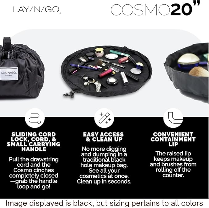 Lay-n-Go Cosmo Layflat Drawstring Cosmetic & Makeup Bag Organizer - Portable Drawstring Makeup Bag w/Zipper Pocket, Loops & More -Durable, Machine Washable Toiletry Bag (20", Butterfly Small Floral)
