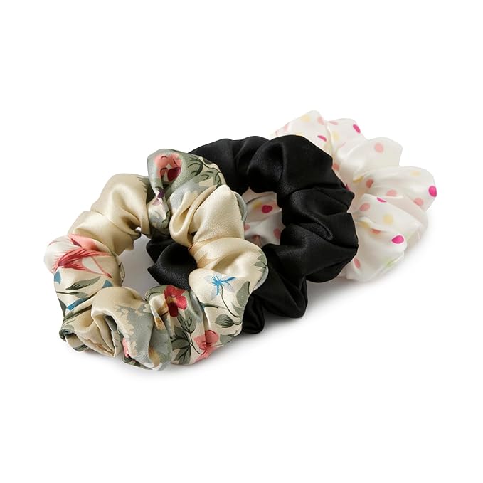 19Momme Silk Scrunchie Thick Hair Ties for Curly Hair, No Slip Hair Bands for Women, Vintage Satin Hair Accessories (Black,Eternal Aura,Polka dot)