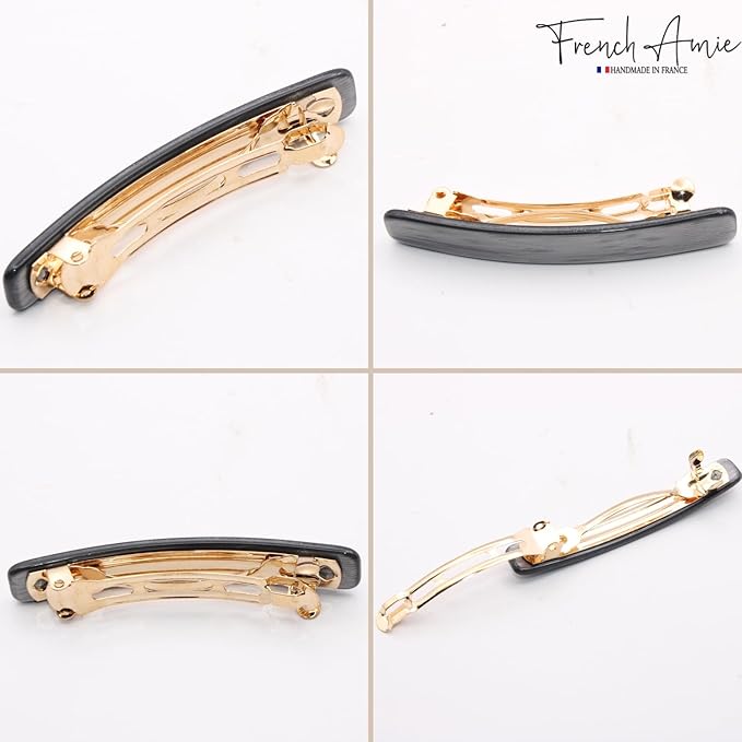 French Amie Small 2 1/4 inch Celluloid Handmade Hair Barrette No Slip Grip Durable Styling Women Hair Accessories Hair Clip for Girls, Made in France(Metallic Grey)