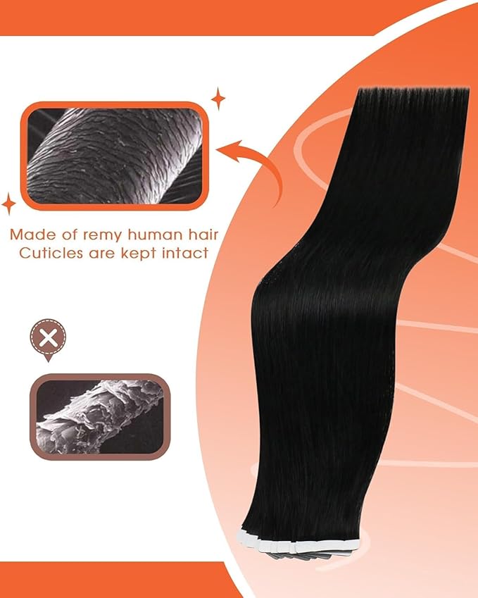 Sunny Hair Tape in Hair Extensions Real Human Hair Invisible Remy Hair Extensions Tape ins for Women Jet Black 16 inch 25G