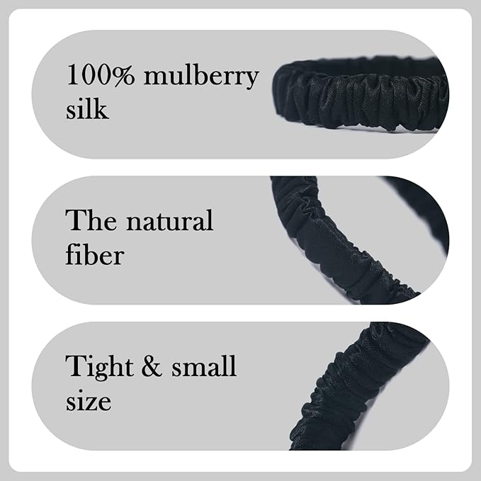 Mulberry Silk Skinnie Scrunchies Set in Black - 100% Pure 19 Momme, Luxurious Elastic Hair Ties for Women (4 Pack)