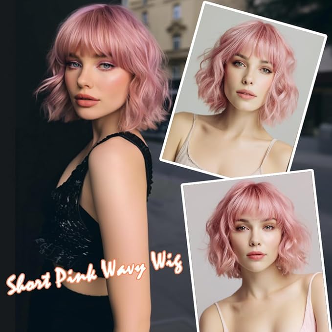 Short Pink Wig with Bangs Natural Looking Hair Wigs for Women Pink Wavy Medium Length Heat-Resistant Synthetic Fiber Hair Water Wave Bob Wig Colorful（14 Inches）