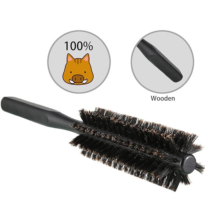Geiserailie 2 Pieces Thick Round Hair Comb Bristle Blow Drying Hairbrush Small Brush Short Hair Massage Comb Head Massage Round Brush Roll Hairbrush for Wet or Dry(Black, Wood Color)