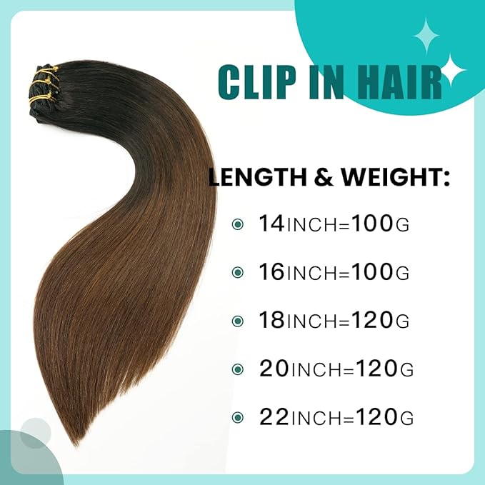 SURNEL Clip in Human Hair Extensions 14 Inch 6pcs 100g Omber Natural Black to Chocolate Brown Clip in Hair Extensions (#1BT4,14'')
