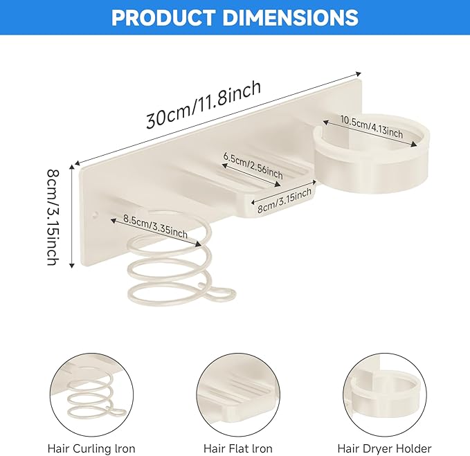 Hair Dryer Holder Wall Mounted,Blow Dryer, Curling Iron, Straightener Holder 3 in 1 Bathroom Metal Hair Tool Organizer Rack-White-1