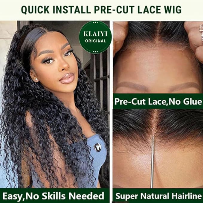 KLAIYI Bye Bye Knots Glueless Wig Pre Cut Water Wave HD Lace Front Wigs Human Hair Pre Bleached Pre Plucked Ready to Go Wigs for Women 30S Easy to Wear Put On and Go Curly Wig Beginner Friendly 14Inch