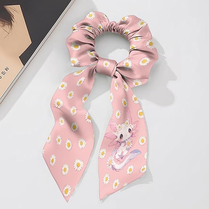 Cherry Blossom Elastic Hair Band with Ribbon Pack Of 2 Axolotl Daisy No Damage Bow Scrunchy Casual Bow Hair Ties Satin Ponytail Holder for Womens