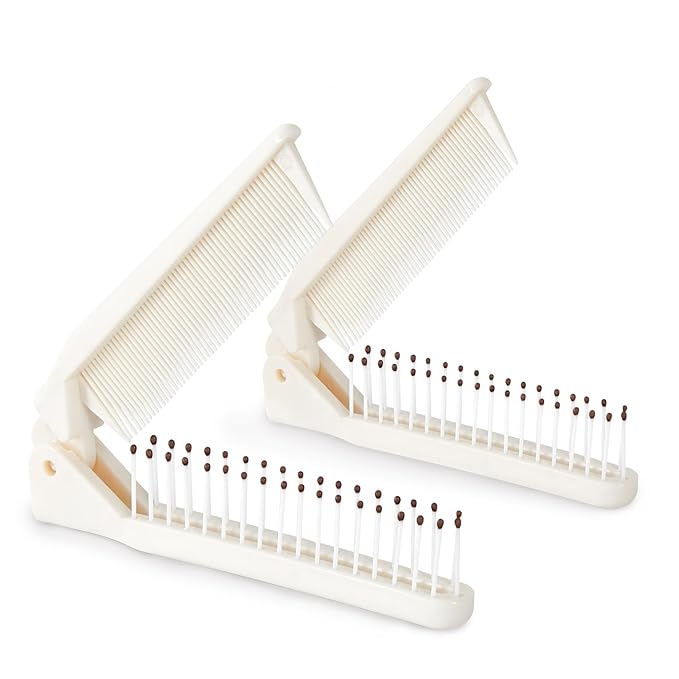 2 Pack Folding Hair Combs, Foldable Comb Brush Combo, Mini Protable Folding brush for Purse Bags Porket, Travel Size Hair Comb, Small Pocket Combs for Women Men and Kids(Beige)