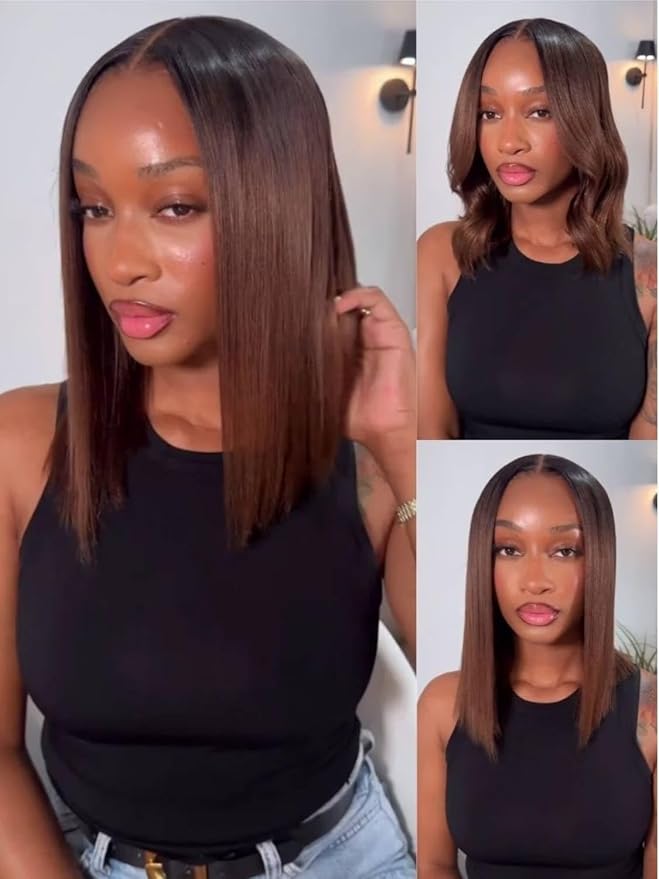 YIROO Chestnut Brown Ombre Yaki Straight Bob Wig Human Hair, 13x4 Lace Front Glueless Wig with Drawstring, Pre Everything Pre Cut Pre Plucked Pre Bleached Knots Natural Hairline Short Bob Wig 12Inch