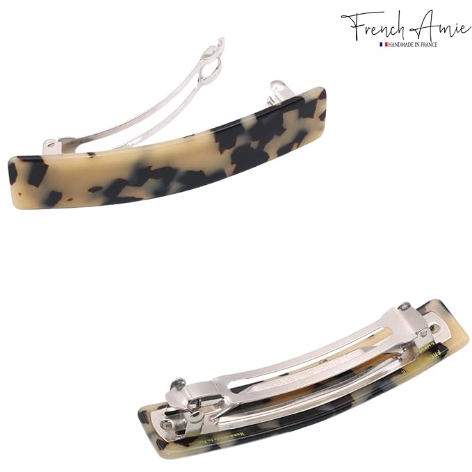 French Amie Oblong Handmade 3.5" Celluloid Automatic Hair Clip Barrette French Hair Clip for Girls Strong Hold Hair Clips for Women No Slip Durable Paris Hair Accessories, Made in France (White Tokyo)