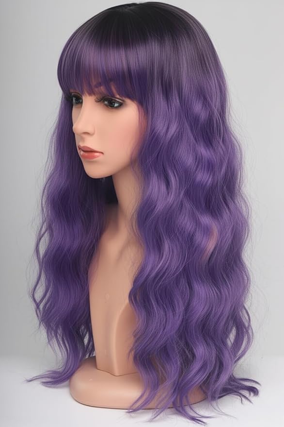 Purple Hair Wavy Wigs With Bangs For Women Synthetic Purple Wigs For Daily Use Everyday Wear.