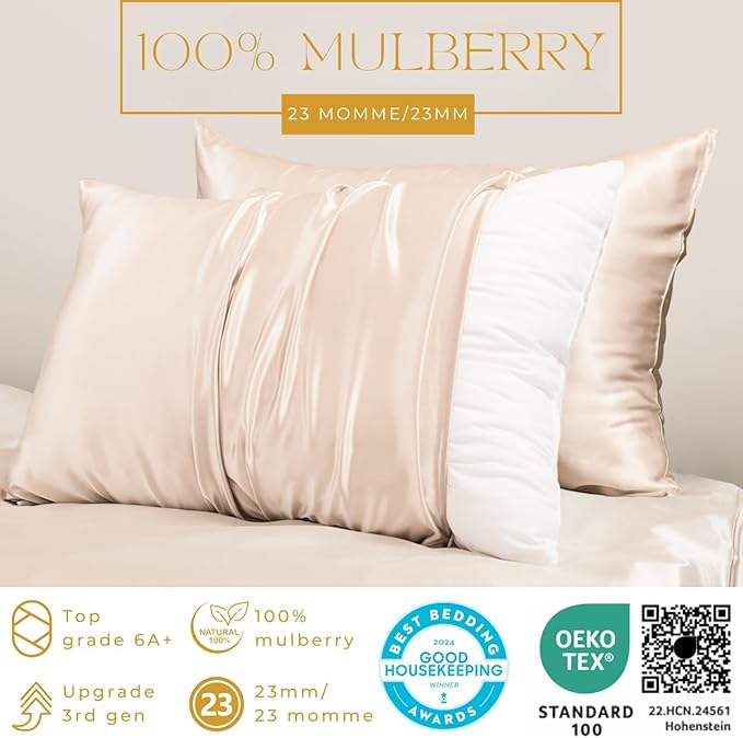PROMEED 23 Momme Silk Pillowcase 2 Pack with Zipper, 3rd Gen Grade 6A+ 100% Mulberry Silk Pillow Case Set of 2, Cooling Pillow Cases for Hot Sleepers (Standard 20"x26", Champagne)