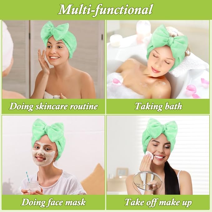 Shintop Makeup Headband, Soft Face Wash Headband with Cute Bow Elastic Spa Hairband for Skincare Facial Mask Showers（Light Green）