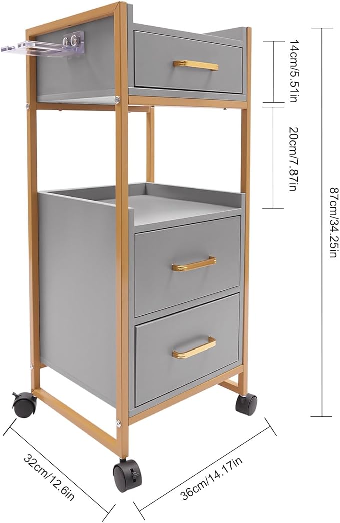 Salon Trolley with Wheels, 3 Drawers Salon Cart with Hair Dryer Holder Utility Salons Cabinet for Tools Storage at Barbershop Beauty Salons Tattoo Shop (Grey)