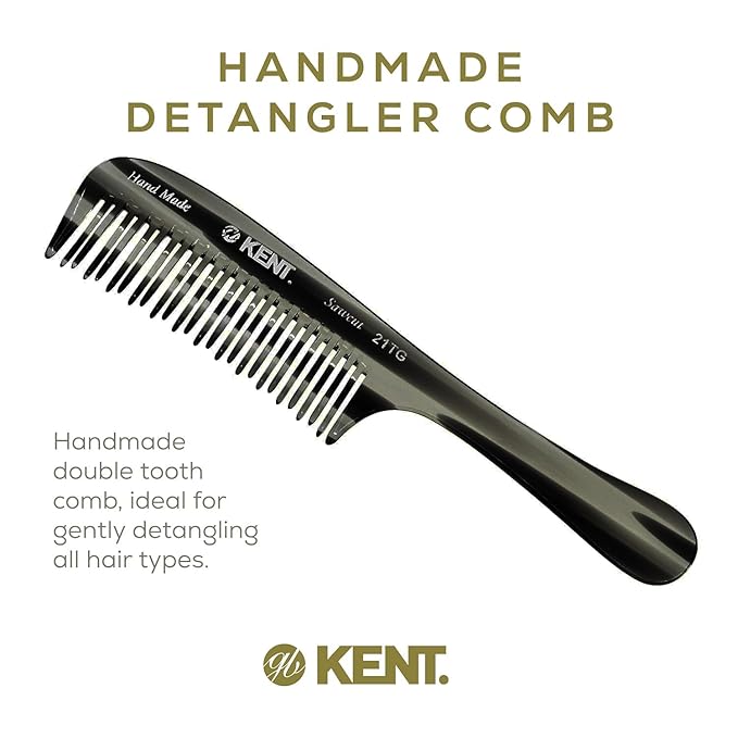 Kent 21T Black Graphite Large Wide Tooth Detangling Comb, for Thick Curly Wavy Hair. Handled Comb For Wet and Dry Hair. Handmade of Quality Cellulose, Saw-Cut Hand Polished, Made in England