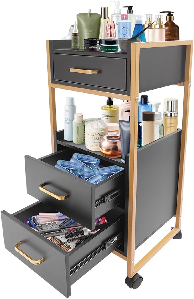Salon Trolley with Wheels, 3 Drawers Salon Cart with Hair Dryer Holder Utility Salons Cabinet for Tools Storage at Barbershop Beauty Salons Tattoo Shop (Black)