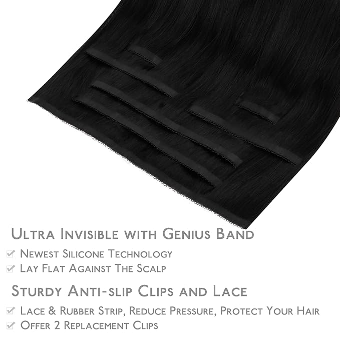 WENNALIFE Lace Seamless Clip in Hair Extensions Human Hair 7pcs Ultra Invisible 50% Thinner Seamless Clip Ins Jet Black Natural Remy Hair 14 inch