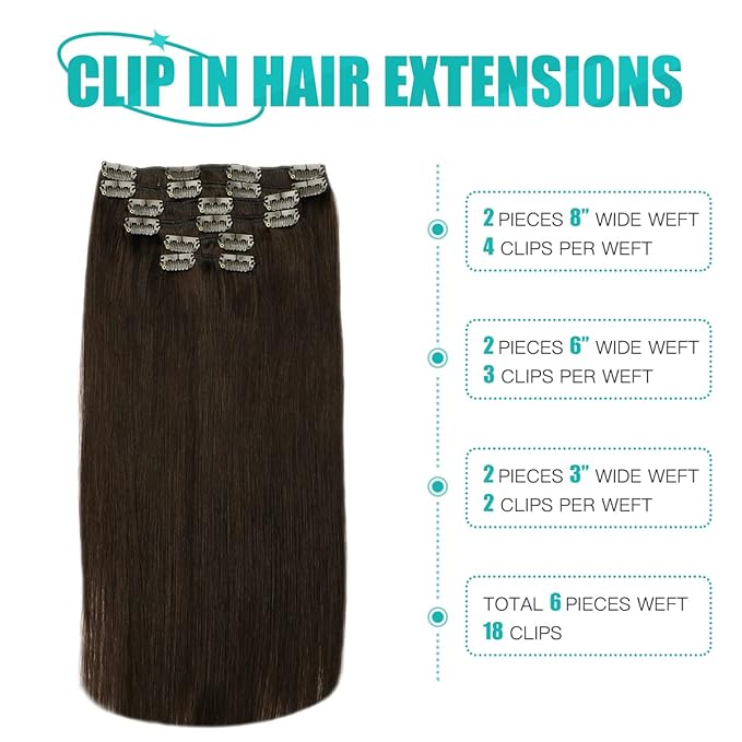 SURNEL Clip in Hair Extensions Real Human Hair 6pcs 14inch 100g Dark Brown Clip in Hair Extensions (#2,14'')