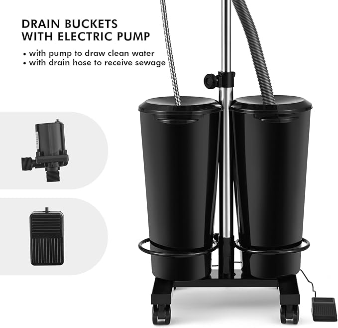 Artist hand Portable Adjustable Shampoo Bowl with Electric Pump, Hair Washing Station,Includes 2 Buckets, Drain Hoses,High-Pressure Sprayer, Foot Pedal Switch,Black