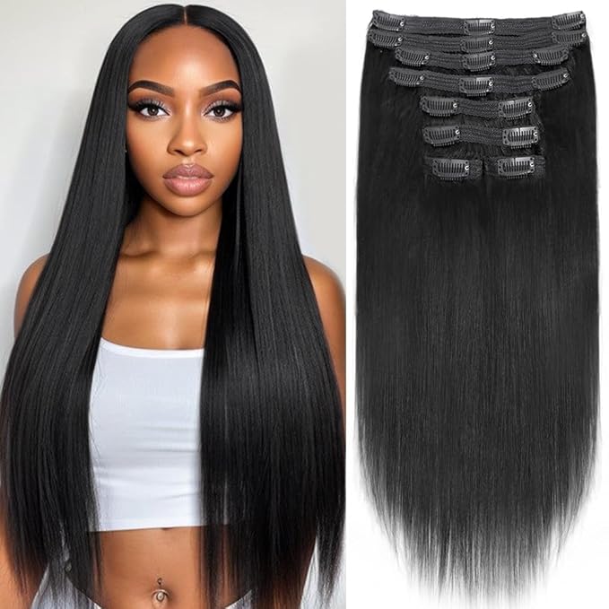 Yaki Straight Clip in Hair Extensions Real Human Hair 8Pcs Remy Human hair Clip ins for Women, Natural Soft Human Hair 120g 28inch #1B Natural Black