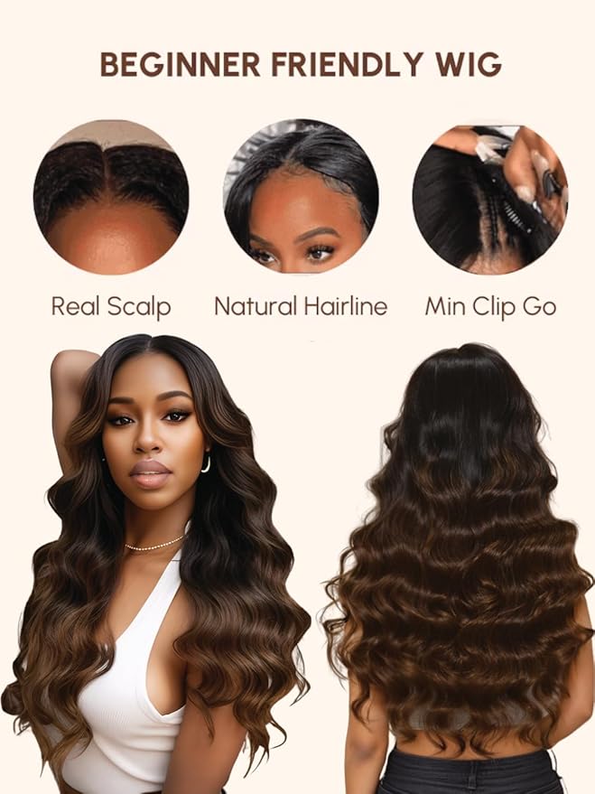 YIROO V Part Wig Human Hair No Leave Out Ombre Chestnut Brown Yaki Straight Glueless Human Hair Wig Upgrade U Part Wigs for Women V Shape Clip in Half Wig No Glue No Sew in Beginner Wig 18inch