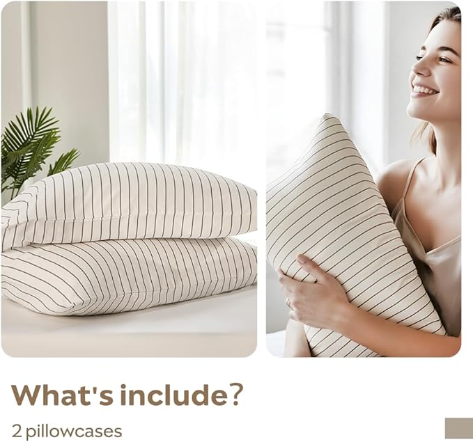 JELLYMONI 100% Natural Cotton Striped King Pillowcases Set, 2 Pack White with Thin Gray Vertical Stripes Pattern Printed Pillow Covers with Envelope Closure (Pillows are not Included)