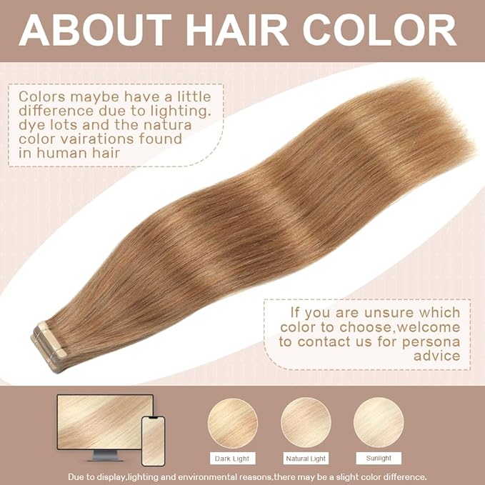 Tape in Hair Extensions Human Hair Golden Brown Hair Extensions 18 Inch 20pcs Remy Straight Human Hair Tape in Extensions Skin Weft Tape Extensions Human Hair
