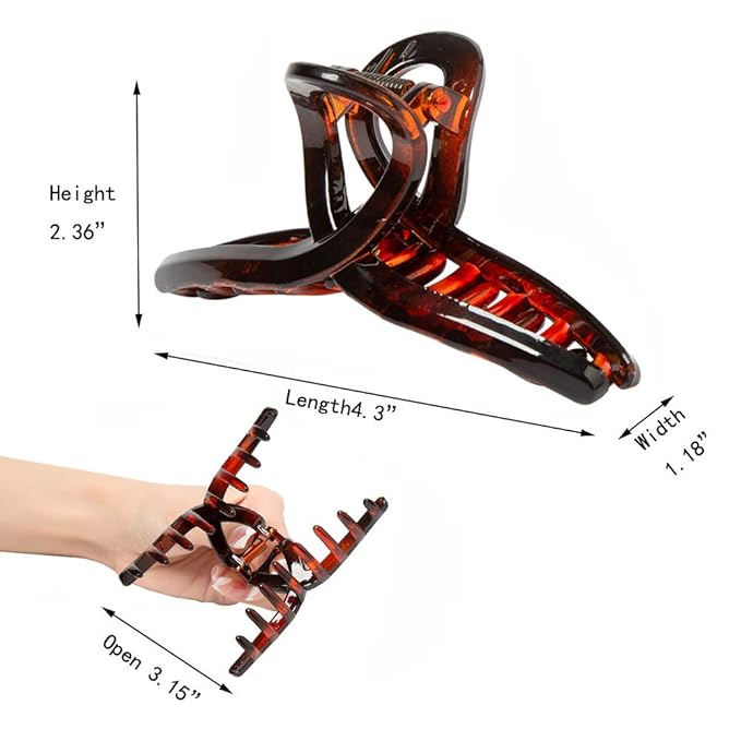 Hair Claw Clips, Tortoise Brown - 3 Count In set, Strong holding teeth interlocking Women Large Jaw Clips for Hair, Multishaped and Multifunction