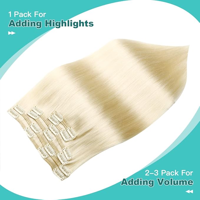SURNEL Clip in Extensions Human Hair Platinum Blonde Hair Extensions Real Human Hair Clip ins 20 Inch 6pcs 120g (#60,20'')
