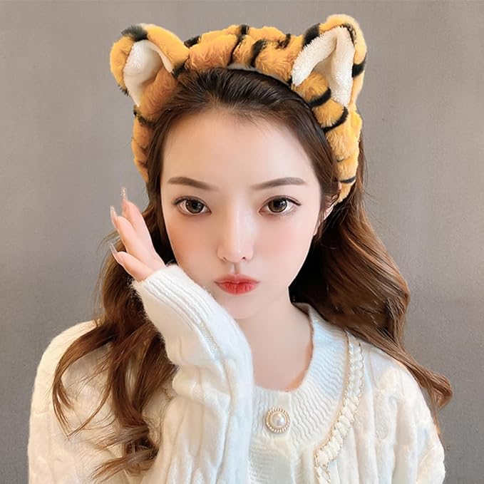 2pcs Tiger Plush Hairbands for Women Wide Elastic Fuzzy Head Wraps with Cute Ears Soft Spa Headbands for Face Washing Makeup Skincare Shower and Mask Application White Yellow