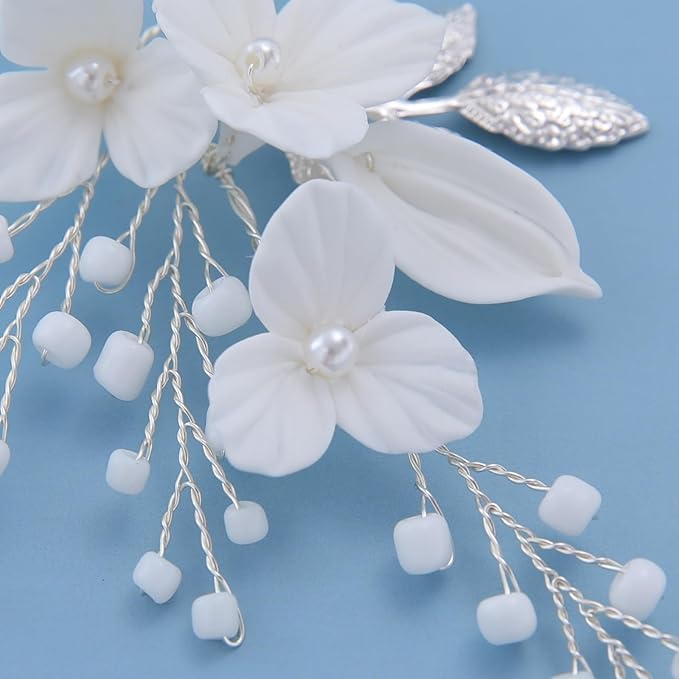 Flower Bridal Hair Pins Pearl Bride Wedding Hair Pieces Leaf U Shaped Hair Accessories Headpiece for Wedding Brides Women Girls（6 PCS） (Silver/Beads White Flower)
