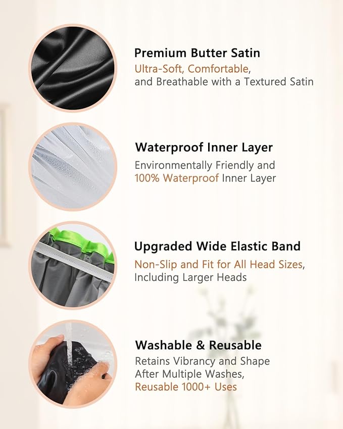 mikimini Black Shower Cap for Women, Men & Girls, 2 Packs Reusable Double Layers Waterproof Bathing Shower Hat with Soft Comfortable PEVA Lining, non-fading, Stretchy Shower Cap