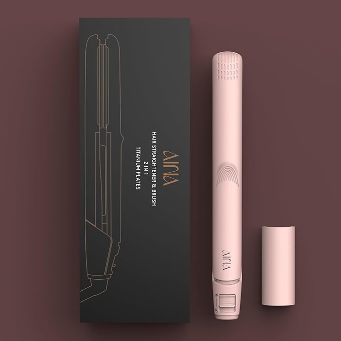 AINA Hair Straightener Comb, Flat Iron with Comb | Titanium Iron 450F | Dual Voltage Hair Straightening | Curling 2 in1 | Resolve Tangled | frizz Free (Babe Pink)