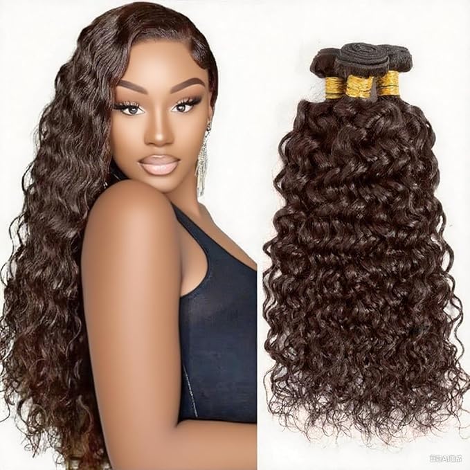 Brown Water Wave Bundles Human Hair Dark Brown Bundle Niegmeag Peruvian Virgin Remy Hair 3 Bundles 16 18 20 Inch Double Weft Color 4 Wet and Wavy Bundle Hair Weave