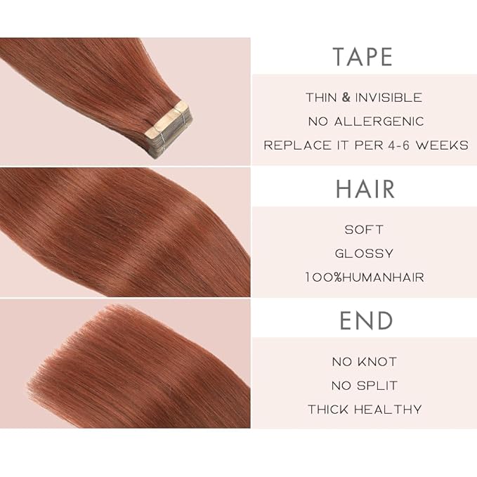 Auburn Brown Tape in Hair Extensions Human Hair, 20pcs 22 Inch Remy Hair Extensions Straight Human Hair Tape in Extensions Skin Weft Invisible Human Hair (#A33,22 Inch)