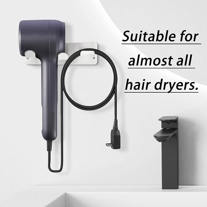 Hair Dryer Holder, Wall Mounted Rack Compatible with All Hair Dryer, Space Organizer for Bathroom/Bedroom/Washroom/Barbershop, 304 Stainless Steel, Self Adhesive (Silver)