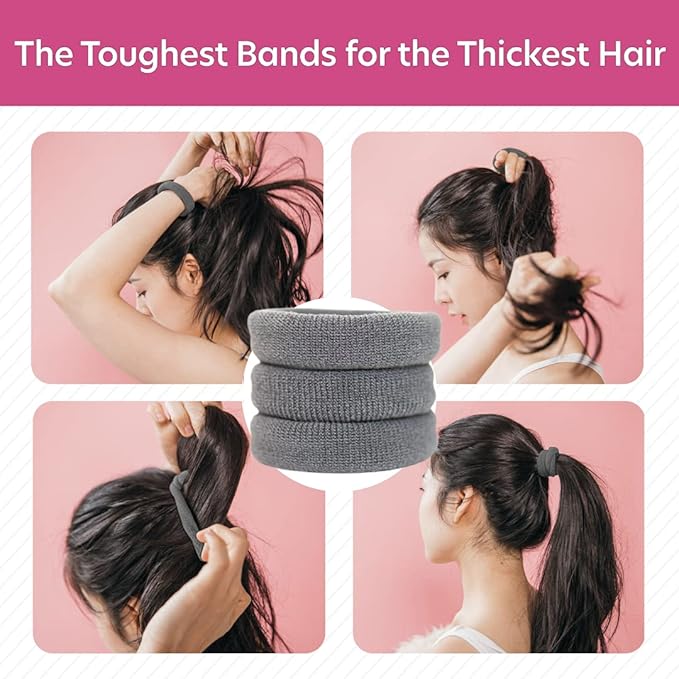 Burlybands Large Hair Ties for Thick, Heavy or Curly Hair - Non-Slip, Non-Damage, Seamless Women's Ponytail Scrunchies - Dk Gray, 3 Pcs
