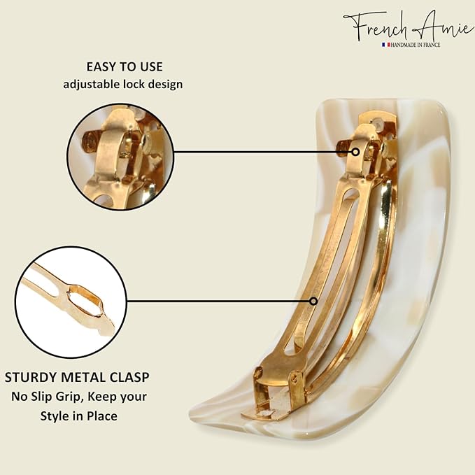 French Amie Broad Curved Oblong Ivory Cream Extra Wide Large Celluloid Acetate Automatic Volume Hair Clip Barrette with Golden Clasp for Women and Girls
