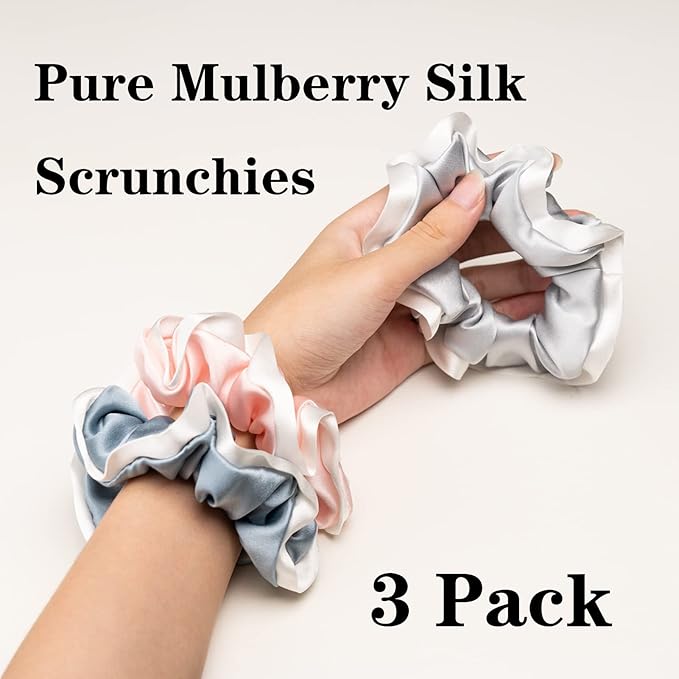 Silmer Silk Scrunchies for Hair Curly Hair 100% Mulberry 3 Pack(Pink,Silvery Grey, Haze Blue)