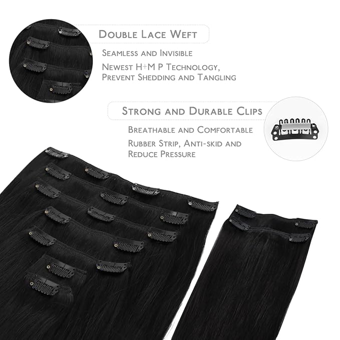WENNALIFE Clip in Hair Extensions Real Human Hair, 18 Inch 150g 9pcs Jet Black Remy Hair Thicker Double Weft Extensiones De Cabello Humano Con Clip Ins Straight Full Volume