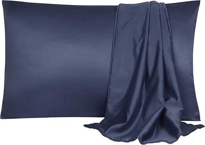 uxcell 2 Pack Silk Satin Pillowcase for Hair and Skin, Cool, Silky, Soft Breathable Pillow Cases Queen Size 20x30 Inch Sateen Pillowcase Navy with Envelope Closure