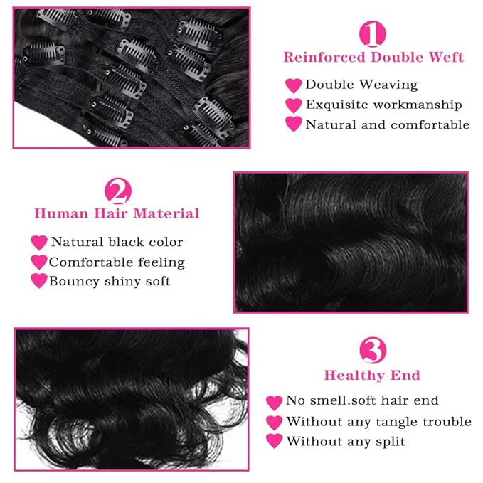 22Inch Clip in Hair Extensions Real Human Hair Body Wave 8Pcs Brazilian Human Hair Clip in Extensions with 18Clips Double Lace Weft 120g #1B Natural Black