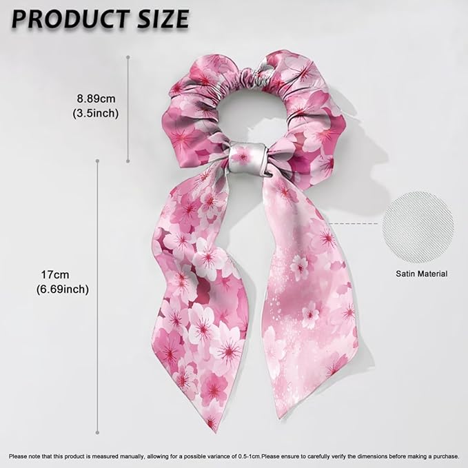 Cherry Blossom Elastic Ribbon Hair Ties 2 Pcs Pink Black Scarf Scrunchies Travel Accessory for Thick Thin Hair Satin Ponytail Scrunchy with Tails