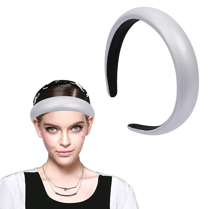 Sliver Wide Headband for Women Soft Leather Padded Headband Fashion Dressy Head Band High Elastic Comfortable Hairband Hair Accessories for Womens Hair