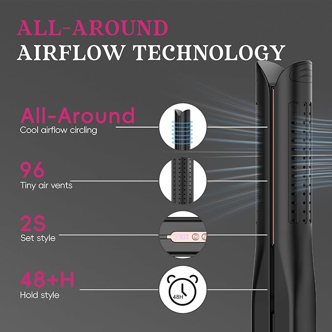 SKIMI Airflow Styler, Titanium Flat Iron Hair Straightener, Professional Curling Iron with Cooling Air Vents to Lock in Style, 5 Temps & Dual Voltage, Auto Off (Black & Rose Blush).