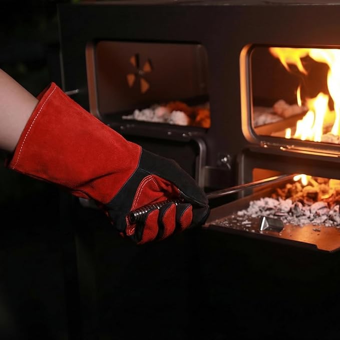 Fireplace Welding Gloves Fire Heat Resistant16IN 932°F Fireproof Leather for Fire Pit Wood Stove Campfire Furnace BBQ Baking,Grill Oven Stick Mig Tig Gear Birthday Christmas Gift for Man L