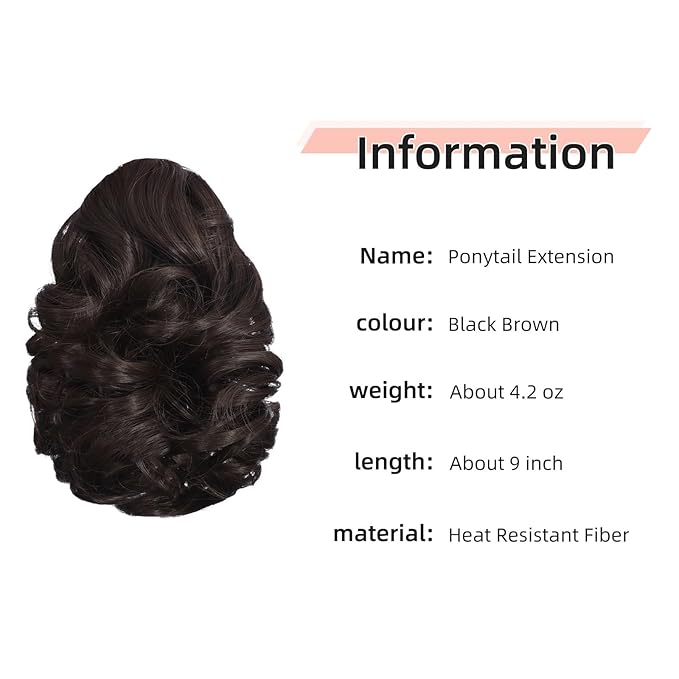 Ponytail Extension, Clip on Ponytails for Women, 9" Claw Clip in Short Curly Wavy Pony Hair Extension for Women - Darkest Brown